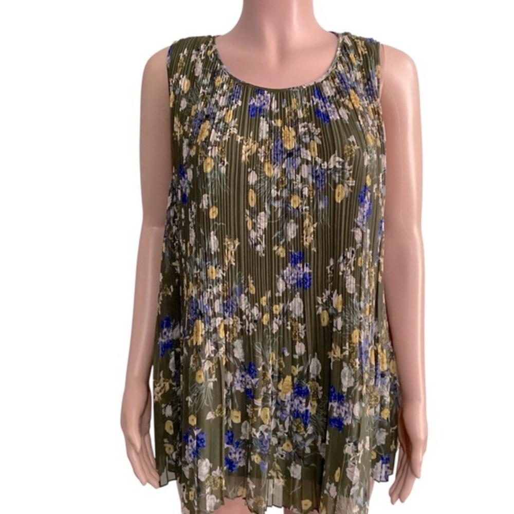 Halogen Floral Pleated Sleeveless Top Olive Green Botanical Print size 1X